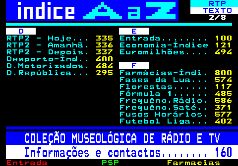 102.2. RTP. TEXTO. 2 8. D E. RTP2 - Hoje. 335. Entrada. 100. RTP2 - Amanhã. 336. Economia-Índice. 121. RTP2 - Depois. 337. Euromilhões. 494. Desporto-Índ. 400. D.Motorizados. 484. F. D.República. 295. Farmácias-Índi. 800. Fases da Lua. 574. Florestas. 117. Fórmula 1. 485. Frequênc.Rádio. 586. Frequênc.Saté. 371. Fusos Horários. 577. Futebol Liga. 402. COLEÇÃO MUSEOLÓGICA DE RÁDIO E TV. Informações e contactos. 160.