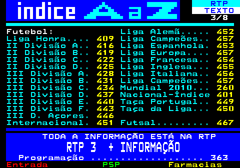 102.3. RTP. TEXTO. 3 8 Futebol:. Liga Alemã. 452. Liga Honra. 409. Liga Campeões. 457. II Divisão A. 416. Liga Espanhola. 453. II Divisão B. 419. Liga Europa. 457. II Divisão C. 422. Liga Francesa. 454. II Divisão D. 425. Liga Inglesa. 455. III Divisão A. 428. Liga Italiana. 456. III Divisão B. 431. Liga Campeões. 457. III Divisão C. 434. Mundial 2010. 260. III Divisão D. 437. Nacional-Índice. 401. III Divisão E. 440. Taça Portugal. 449. III Divisão F. 443. Taça da Liga. 450. III D. Açores. 446. Internacional. 451. Futsal. 467. TODA A INFORMAÇÃO ESTÁ NA RTP. RTP 3 + INFORMAÇÃO. Programação . 363.