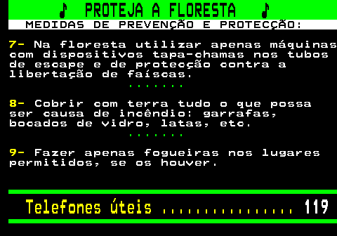 118.3. ♪ PROTEJA A FLORESTA ♪. MEDIDAS DE PREVENÇÃO E PROTECÇÃO:. 7-. Na floresta utilizar apenas máquinas com dispositivos tapa-chamas nos tubos de escape e de protecção contra a libertação de faíscas. . 8-. Cobrir com terra tudo o que possa ser causa de incêndio: garrafas, bocados de vidro, latas, etc. . 9-. Fazer apenas fogueiras nos lugares permitidos, se os houver. Telefones úteis . 119.