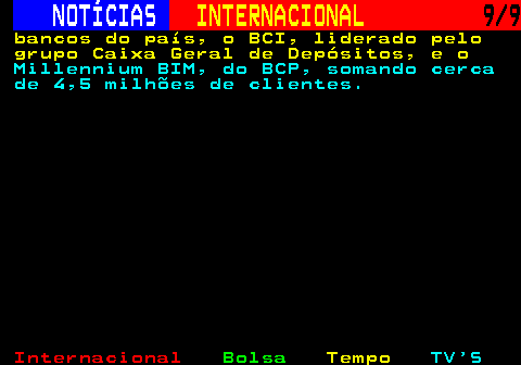221.9. NOTÍCIAS. INTERNACIONAL. 9 9. bancos do país, o BCI, liderado pelo grupo Caixa Geral de Depósitos, e o. Millennium BIM, do BCP, somando cerca de 4,5 milhões de clientes.