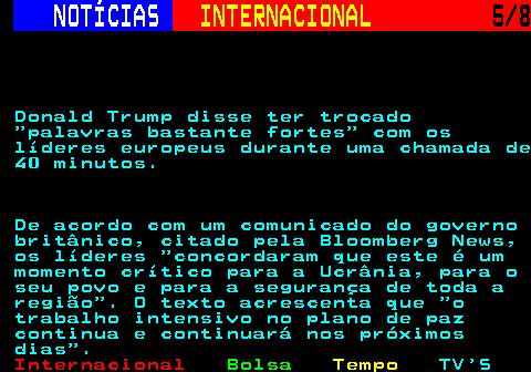225.5. NOTÍCIAS. INTERNACIONAL. 5 8. Donald Trump disse ter trocado palavras bastante fortes com os líderes europeus durante uma chamada de 40 minutos. De acordo com um comunicado do governo britânico, citado pela Bloomberg News, os líderes concordaram que este é um momento crítico para a Ucrânia, para o seu povo e para a segurança de toda a região . O texto acrescenta que o trabalho intensivo no plano de paz continua e continuará nos próximos dias .
