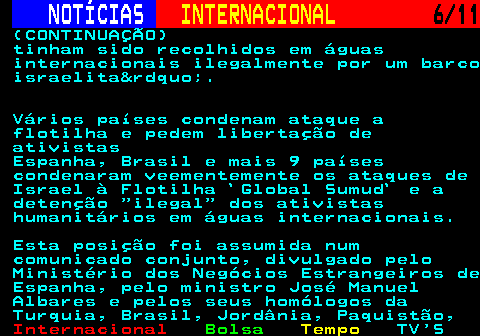 227.6. NOTÍCIAS. INTERNACIONAL. 6 11. (CONTINUAÇÃO) tinham sido recolhidos em águas internacionais ilegalmente por um barco israelita&rdquo;. Vários países condenam ataque a flotilha e pedem libertação de ativistas Espanha, Brasil e mais 9 países condenaram veementemente os ataques de Israel à Flotilha `Global Sumud` e a detenção ilegal dos ativistas humanitários em águas internacionais. Esta posição foi assumida num comunicado conjunto, divulgado pelo Ministério dos Negócios Estrangeiros de Espanha, pelo ministro José Manuel Albares e pelos seus homólogos da Turquia, Brasil, Jordânia, Paquistão,.