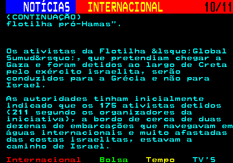 227.10. NOTÍCIAS. INTERNACIONAL. 10 11. (CONTINUAÇÃO) flotilha pró-Hamas . Os ativistas da Flotilha &lsquo;Global Sumud&rsquo;, que pretendiam chegar a Gaza e foram detidos ao largo de Creta pelo exército israelita, serão conduzidos para a Grécia e não para Israel. As autoridades tinham inicialmente indicado que os 175 ativistas detidos (211 segundo os organizadores da iniciativa), a bordo de cerca de duas dezenas de embarcações que navegavam em águas internacionais e muito afastadas das costas israelitas, estavam a caminho de Israel.
