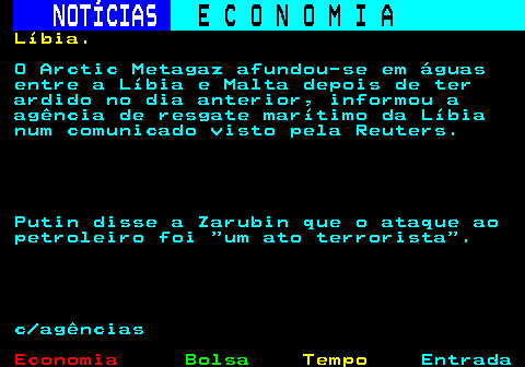 232.9. NOTÍCIAS. E C O N O M I A. sn. Líbia. O Arctic Metagaz afundou-se em águas entre a Líbia e Malta depois de ter ardido no dia anterior, informou a agência de resgate marítimo da Líbia num comunicado visto pela Reuters. Putin disse a Zarubin que o ataque ao petroleiro foi um ato terrorista . c agências.