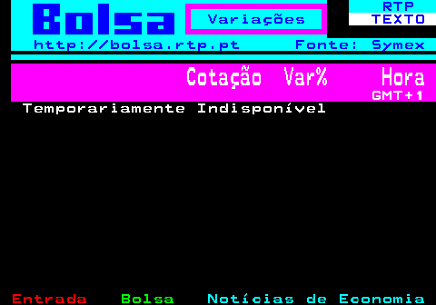 242.1. RTP Variações. TEXTO. http: bolsa.rtp.pt Fonte: Symex. Cotação Var% Hora. GMT+1. Temporariamente Indisponível.