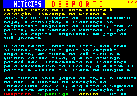 246.1. NOTÍCIAS. D E S P O R T O. 1 2. Campeão Petro de Luanda assume à condição liderança do Girabola. 2025-12-06: O Petro de Luanda assumiu hoje, à condição, a liderança do campeonato angolano de futebol, com 21 pontos, após vencer o Redonda FC por 1-0, na capital angolana, em jogo da 10ª jornada. O hondurenho Jonathan Toro, aos três minutos, marcou o golo do campeão angolano, em busca do 20º título e quinto consecutivo, que no domingo poderá ser ultrapassado na liderança pelo Recreativo do Libolo, que soma 19 pontos e visita o Wiliete de Benguela. Nos outros dois jogos de hoje, o Bravos do Maquis venceu na receção ao Interclube por 2-1, enquanto o Sagrada Esperança empatou 1-1 na receção ao.