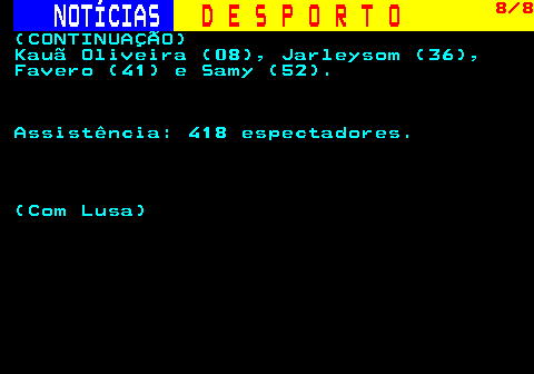 249.8. NOTÍCIAS. D E S P O R T O. 8 8. (CONTINUAÇÃO) Kauã Oliveira (08), Jarleysom (36), Favero (41) e Samy (52). Assistência: 418 espectadores. (Com Lusa).