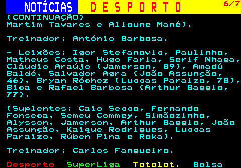 254.6. NOTÍCIAS. D E S P O R T O. 6 7. (CONTINUAÇÃO) Martim Tavares e Alioune Mané). Treinador: António Barbosa. - Leixões: Igor Stefanovic, Paulinho, Matheus Costa, Hugo Faria, Serif Nhaga, Cláudio Araújo (Jamerson, 89), Amadú Baldé, Salvador Agra (João Assunção, 46), Bryan Róchez (Luccas Paraizo, 78), Bica e Rafael Barbosa (Arthur Baggio, 77). (Suplentes: Caio Secco, Fernando Fonseca, Semeu Commey, Simãozinho, Alysson, Jamerson, Arthur Baggio, João Assunção, Kaique Rodrigues, Luccas Paraizo, Rúben Pina e Roka). Treinador: Carlos Fangueiro.