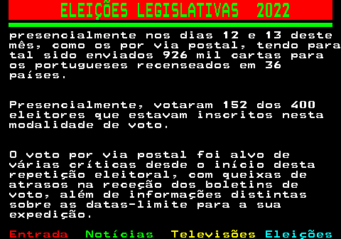 261.2. ELEIÇÕES LEGISLATIVAS 2022. presencialmente nos dias 12 e 13 deste mês, como os por via postal, tendo para tal sido enviados 926 mil cartas para os portugueses recenseados em 36 países. Presencialmente, votaram 152 dos 400 eleitores que estavam inscritos nesta modalidade de voto. O voto por via postal foi alvo de várias críticas desde o início desta repetição eleitoral, com queixas de atrasos na receção dos boletins de voto, além de informações distintas sobre as datas-limite para a sua expedição.
