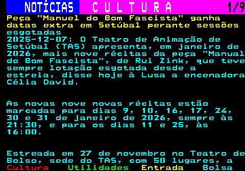 278.1. NOTÍCIAS. C U L T U R A. 1 3. Cinemas portugueses perdem 32% de espectadores em novembro face a 2024. 2025-12-05: As salas portuguesas de cinema receberam em novembro 663.304 espetadores, o que representa um decréscimo de quase 32% face ao mesmo período do ano passado, revelou hoje o Instituto do Cinema e do Audiovisual (ICA). Este foi também o segundo pior mês do ano, a seguir a outubro, em termos de números de afluência às salas, refere o comunicado do ICA, especificando que no somatório do ano todo até ao final de novembro, foram contabilizados 9.646.756 espectadores, menos 8,7% do que os 10.568.122 registados no mesmo período do ano passado.