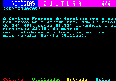 282.4. NOTÍCIAS. C U L T U R A 4 4. (CONTINUAÇÃO) O Caminho Francês de Santiago era o que registava mais peregrinos, com um total de 241.491, sendo 51,82% espanhóis e os restantes 48,18% de outras nacionalidades e o local de partida mais popular Sarria (Galiza).