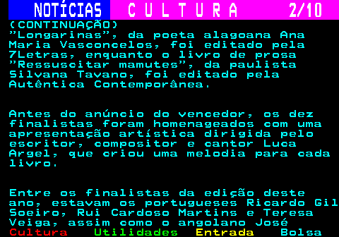 283.2. NOTÍCIAS. C U L T U R A 2 10. (CONTINUAÇÃO) Longarinas , da poeta alagoana Ana Maria Vasconcelos, foi editado pela 7Letras, enquanto o livro de prosa Ressuscitar mamutes , da paulista Silvana Tavano, foi editado pela Autêntica Contemporânea. Antes do anúncio do vencedor, os dez finalistas foram homenageados com uma apresentação artística dirigida pelo escritor, compositor e cantor Luca Argel, que criou uma melodia para cada livro. Entre os finalistas da edição deste ano, estavam os portugueses Ricardo Gil Soeiro, Rui Cardoso Martins e Teresa Veiga, assim como o angolano José.