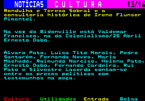 284.13. NOTÍCIAS. C U L T U R A. 13 14. Rondulha e Teresa Sobral e a consultoria histórica de Irene Flunser. Pimentel. Na voz do Bidonville está Valdemar Francisco, na do Colonialismo 25 Abril Ernesto Dabo. Álvaro Pato, Luísa Tito Morais, Pedro Santarém, Fernanda Neves, Maria Machado, Raimundo Narciso, Helena Pato, Ernesto Dabo, Fernando Cardeira, Rui Pato e Silvestre Lacerda contam-se entre os presos políticos com testemunhos na peça.