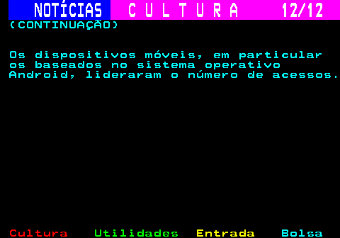 285.12. NOTÍCIAS. C U L T U R A 12 12. (CONTINUAÇÃO) Os dispositivos móveis, em particular os baseados no sistema operativo Android, lideraram o número de acessos.