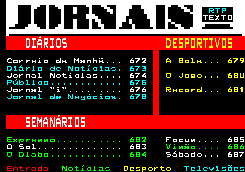 290.1. RTP. TEXTO. DIÁRIOS. DESPORTIVOS. Correio da Manhã. 672. A Bola. 679. Diário de Notícias. 673. Jornal Notícias. 674. O Jogo. 680. Público. 675. Jornal i . 676. Record. 681. Jornal de Negócios. 678. SEMANÁRIOS. Expresso. 682. Focus. 685 O Sol. 683. Visão. 686 O Diabo. 684. Sábado. 687.