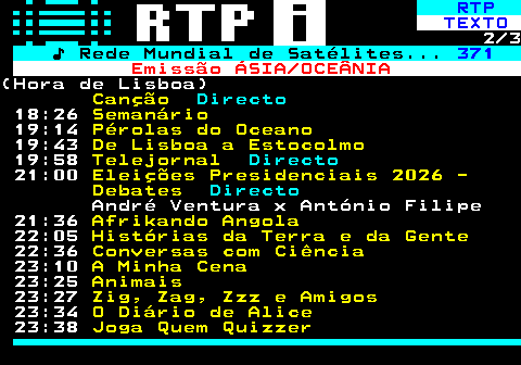 366.2. RTP. TEXTO. 2 2. ♪ Rede Mundial de Satélites. 371. Emissão ÁSIA OCEÂNIA.(Hora de Lisboa) 17:30. Portugal em Rede. Directo. 19:08. Grandiosa Enciclopédia do Ludopédio. 19:58. Telejornal. Directo. 21:02. Sociedade Civil. Pirotecnia 22:03. Sabores das Ilhas - 2024. 22:40. Animais. 22:42. Joga Quem Quizzer. 23:04. Grande Entrevista. Mariana Van Zeller 00:00. 24 Horas. Directo. 01:02. Janela Indiscreta. 01:51. Notícias do Atlântico. 02:58. Praça da Alegria. 05:45. A Vida Privada dos Livros.