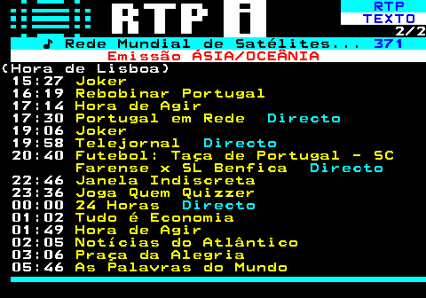 367.2. RTP. TEXTO. 2 3. ♪ Rede Mundial de Satélites. 371. Emissão ÁSIA OCEÂNIA.(Hora de Lisboa) 14:49. The Voice Portugal. 17:03. The Voice Portugal - Os Apurados. 17:56. Rumos. 18:28. Mar de Letras. 19:00. Casa das Artes. 19:28. Faça Chuva Faça Sol. 19:58. Telejornal. Directo. 21:01. Terra: Histórias da Cerâmica. 21:27. Os Filhos da Madrugada. 21:52. TecNet. 21:58. Tudo é Economia. 22:45. Biosfera. 23:14. Falar Para o Boneco. 23:37. Joga Quem Quizzer. 00:00. 24 Horas. Directo.