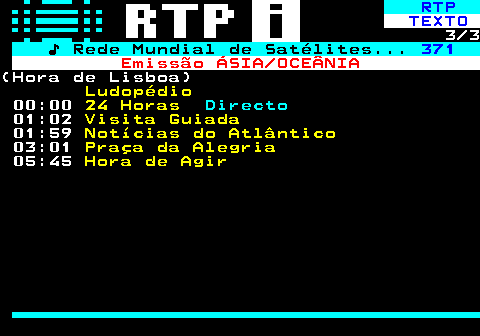 367.3. RTP. TEXTO. 3 3. ♪ Rede Mundial de Satélites. 371. Emissão ÁSIA OCEÂNIA.(Hora de Lisboa) 01:02. Pérolas do Oceano. 01:29. Rebobinar Portugal. 02:21. Notícias do Atlântico. 03:22. Praça da Alegria.