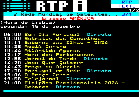 368.1. RTP. TEXTO. 1 3. ♪ Rede Mundial de Satélites. 371. Emissão AMÉRICA.(Hora de Lisboa)sábado, 13 de dezembro 06:00. Grandiosa Enciclopédia do Ludopédio. 06:48. Portugal, uma História Natural. 07:35. Hora de Agir. 07:49. Acolá Dentro. 08:00. Bom Dia Portugal Fim de Semana. Directo. 09:58. Visita Guiada. 10:47. Sociedade Civil. 11:49. Aqui Portugal - Os Melhores Momentos. 12:58. Jornal da Tarde. Directo. 14:21. Hora de Agir. 14:36. The Voice Gerações - As Surpresas.