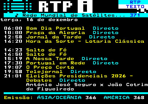 370.1. RTP. TEXTO. ♪ Rede Mundial de Satélites. 371.segunda, 15 de dezembro 06:00. Bom Dia Portugal. Directo. 10:00. Praça da Alegria. Directo. 12:58. Jornal da Tarde. Directo. 14:22. Salto de Fé. 14:49. Salto de Fé. 15:17. A Nossa Tarde. Directo. 17:30. Portugal em Rede. Directo. 19:07. O Preço Certo. 19:58. Telejornal. Directo. 21:01. Eleições Presidenciais 2026 - Debates. Directo. Henrique Gouveia e Melo x André Ventura 21:37. Finisterra. ÚLTIMO. (Versão Legendada em Inglês). Emissão:. ÁSIA OCEÂNIA. 366. AMÉRICA. 368.
