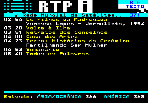372.2. RTP. TEXTO. ♪ Rede Mundial de Satélites. 371. 02:54. Rumos. Antonieta Rosa Gomes 03:27. Biosfera. AMOC: O Motor Climático à Beira do Colapso 03:56. Todas as Palavras. 04:15. Sociedade Civil. Natal Solidário 05:11. Grande Entrevista. Rui Cardoso. Emissão:. ÁSIA OCEÂNIA. 366. AMÉRICA. 368.