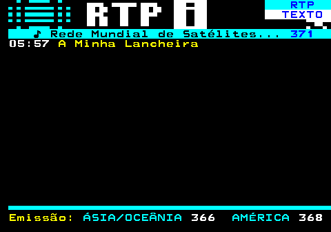 372.3. RTP. TEXTO. ♪ Rede Mundial de Satélites. 371. 05:57. A Minha Lancheira Emissão:. ÁSIA OCEÂNIA. 366. AMÉRICA. 368.