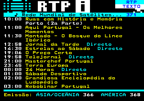 373.2. RTP. TEXTO. ♪ Rede Mundial de Satélites. 371. 10:00. Ruas com História e Memória. Porto (2a Parte) 11:00. Aqui Portugal - Os Melhores Momentos. 11:30. Montado - O Bosque do Lince Ibérico. 12:58. Jornal da Tarde. Directo. 14:30. Estrelas ao Sábado. Directo. 19:06. O Preço Certo. 19:58. Telejornal. Directo. 21:00. Masterchef Portugal. 23:45. Terra Europa. 00:00. 24 Horas. Directo. 01:00. Sábado Desportivo. 02:00. Grandiosa Enciclopédia do Ludopédio. 03:00. Rebobinar Portugal Emissão:. ÁSIA OCEÂNIA. 366. AMÉRICA. 368.