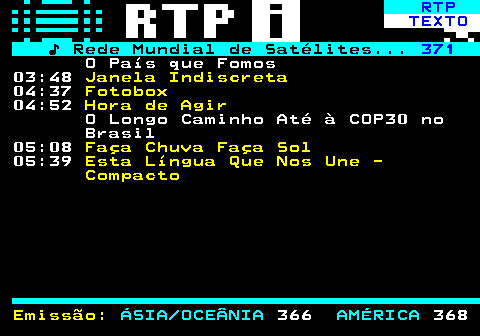 373.3. RTP. TEXTO. ♪ Rede Mundial de Satélites. 371. O País que Fomos 04:00. Janela Indiscreta. 04:45. Fotobox. 05:00. Hora de Agir. O Longo Caminho Até à COP30 no Brasil 05:15. Faça Chuva Faça Sol. 05:45. Esta Língua Que Nos Une - Compacto Emissão:. ÁSIA OCEÂNIA. 366. AMÉRICA. 368.