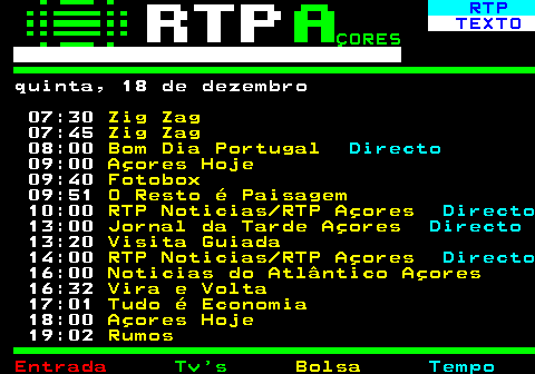 379.1. RTP. TEXTO. ÇORES. quinta, 18 de dezembro 07:30. Zig Zag. 07:45. Zig Zag. 08:00. Bom Dia Portugal. Directo. 09:00. Açores Hoje. 09:40. Fotobox. 09:51. O Resto é Paisagem. 10:00. RTP Noticias RTP Açores. Directo. 13:00. Jornal da Tarde Açores. Directo. 13:20. Visita Guiada. 14:00. RTP Noticias RTP Açores. Directo. 16:00. Noticias do Atlântico Açores. 16:32. Vira e Volta. 17:01. Tudo é Economia. 18:00. Açores Hoje. 19:02. Rumos.