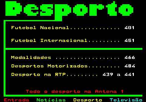 400.1. Futebol Nacional. 401. Futebol Internacional. 451. Modalidades . 466. Desportos Motorizados. 484. Desporto na RTP. 439 a 441. Todo o desporto na Antena 1.
