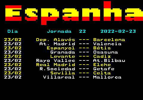 453.2. Dia Jornada 22 2022-02-23. 23 02 Dep. Alavés --- Barcelona. 23 02 At. Madrid --- Valencia. 23 02 Espanyol --- Bétis. 23 02 Granada --- Osasuna. 23 02 Levante --- Cadiz. 23 02 Rayo Vallec --- At.Bilbau. 23 02 Real Madrid --- Elche. 23 02 R.Sociedad --- Getafe. 23 02 Sevilla --- Celta. 23 02 Villareal --- Mallorca.