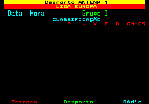 464.3. Desporto ANTENA 1. LIGA EUROPA. Data Hora. Grupo I. CLASSIFICAÇÃO. P J V E D GM-GS.