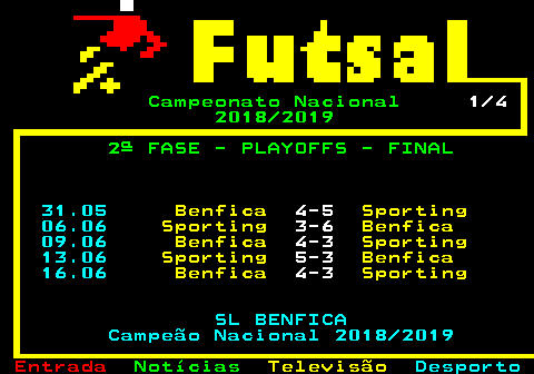 467.1. Campeonato Nacional. 1 4. 2018 2019 2ª FASE - PLAYOFFS - FINAL. 31.05. Benfica. 4-5. Sporting. 06.06. Sporting. 3-6. Benfica. 09.06. Benfica. 4-3. Sporting. 13.06. Sporting. 5-3. Benfica. 16.06. Benfica. 4-3. Sporting. SL BENFICA Campeão Nacional 2018 2019.