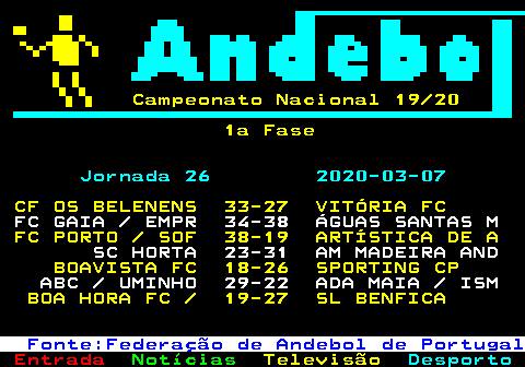 469.1. Campeonato Nacional 19 20 1a Fase. Jornada 26 2020-03-07. CF OS BELENENS 33-27 VITÓRIA FC. FC GAIA EMPR 34-38 ÁGUAS SANTAS M. FC PORTO SOF 38-19 ARTÍSTICA DE A. SC HORTA 23-31 AM MADEIRA AND. BOAVISTA FC 18-26 SPORTING CP. ABC UMINHO 29-22 ADA MAIA ISM. BOA HORA FC 19-27 SL BENFICA. Fonte:Federação de Andebol de Portugal.