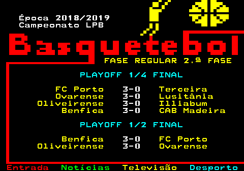 471.2. Época 2018 2019 Campeonato LPB. FASE REGULAR 2.ª FASE. PLAYOFF 1 4 FINAL. FC Porto. 3-0. Terceira Ovarense. 3-0. Lusitânia Oliveirense. 3-0. Illiabum Benfica. 3-0. CAB Madeira. PLAYOFF 1 2 FINAL. Benfica. 3-0. FC Porto Oliveirense. 3-0. Ovarense.