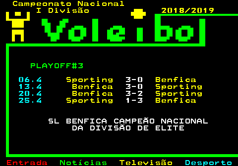 472.1. Campeonato Nacional I Divisão 2018 2019 SN. PLAYOFF#3. 06.4. Sporting. 3-0. Benfica. 13.4. Benfica. 3-0. Sporting. 20.4. Benfica. 3-2. Sporting. 25.4. Sporting. 1-3. Benfica. SL BENFICA CAMPEÃO NACIONAL DA DIVISÃO DE ELITE.
