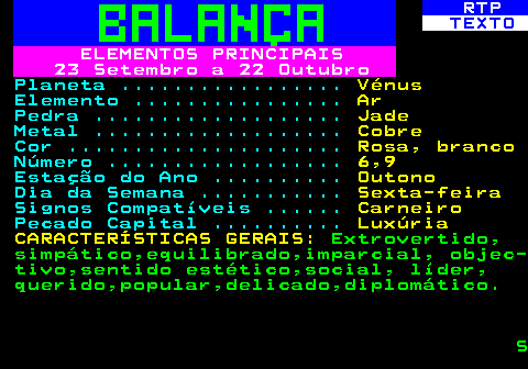 526.3. RTP. TEXTO. ELEMENTOS PRINCIPAIS 23 Setembro a 22 Outubro. Planeta . Vénus. Elemento . Ar. Pedra . Jade. Metal . Cobre. Cor . Rosa, branco. Número . 6,9. Estação do Ano . Outono. Dia da Semana . Sexta-feira. Signos Compatíveis . Carneiro. Pecado Capital . Luxúria CARACTERÍSTICAS GERAIS:. Extrovertido, simpático,equilibrado,imparcial, objec- tivo,sentido estético,social, líder, querido,popular,delicado,diplomático. S.