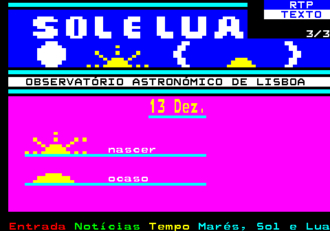 574.3. RTP. TEXTO. 3 3. OBSERVATÓRIO ASTRONÓMICO DE LISBOA. 13 Dez. nascer ocaso.