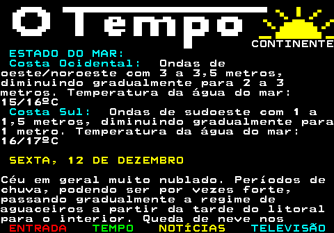 576.4. CONTINENTE. ESTADO DO MAR: Costa Ocidental:. Ondas deoeste noroeste com 3 a 3,5 metros,diminuindo gradualmente para 2 a 3metros. Temperatura da água do mar:15 16ºC. Costa Sul:. Ondas de sudoeste com 1 a1,5 metros, diminuindo gradualmente para1 metro. Temperatura da água do mar:16 17ºC. SEXTA, 12 DE DEZEMBRO.Céu em geral muito nublado. Períodos dechuva, podendo ser por vezes forte,passando gradualmente a regime deaguaceiros a partir da tarde do litoralpara o interior. Queda de neve nos.