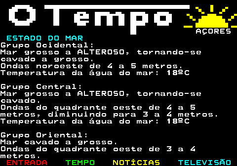 580.3. AÇORESOndas oeste de 4 a 5 metros, passando anoroeste e aumentando para 5 a 7 metros.Temperatura da água do mar: 21ºCGrupo Central:Mar grosso, tornando-se cavado.Ondas oeste de 3 a 4 metros, passando anoroeste e aumentando para 4 a 5 metros.Temperatura da água do mar: 21ºCGrupo Oriental:Mar grosso, tornando-se cavado.Ondas noroeste de 2 a 3 metros, passandoa oeste.Temperatura da água do mar: 21ºC. TEMPERATURAS MÍNIMAS E MÁXIMAS.