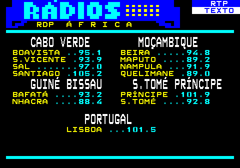 586.3. RTP. TEXTO. RDP Á F R I C A. CABO VERDE MOÇAMBIQUE. BOAVISTA. . 95.1. BEIRA. . 94.8. S.VICENTE. .93.9. MAPUTO. . 89.2. SAL. . 97.0. NAMPULA. . 91.9. SANTIAGO. .105.2. QUELIMANE. .89.0. GUINÉ BISSAU S.TOMÉ PRÍNCIPE. BAFATÁ. . 93.2. PRÍNCIPE. .101.9. NHACRA. . 88.4. S.TOMÉ. . 92.8. PORTUGAL. LISBOA. . 101.5.