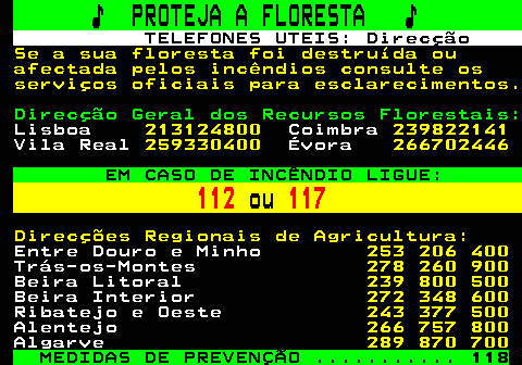 119.1. ♪ PROTEJA A FLORESTA ♪. TELEFONES UTEIS: Direcção. Se a sua floresta foi destruída ou afectada pelos incêndios consulte os serviços oficiais para esclarecimentos. Direcção Geral dos Recursos Florestais:. Lisboa. 213124800. Coimbra. 239822141. Vila Real. 259330400. Évora. 266702446. EM CASO DE INCÊNDIO LIGUE:. 112. ou. 117. Direcções Regionais de Agricultura:. Entre Douro e Minho. 253 206 400. Trás-os-Montes. 278 260 900. Beira Litoral. 239 800 500. Beira Interior. 272 348 600. Ribatejo e Oeste. 243 377 500. Alentejo. 266 757 800. Algarve. 289 870 700.