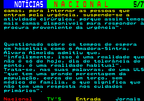 201.5. NOTÍCIAS. N A C I O N A L. 5 7. camas, para internar as pessoas que entram pela urgência, suspende-se a. atividade cirúrgica, porque assim temos mais camas disponíveis para responder à procura proveniente da urgência . Questionado sobre os tempos de espera em hospitais como o Amadora-Sintra, Álvaro Almeida admitiu que, infelizmente, isso é uma realidade que não é só de hoje, dia de tolerância de ponto, é uma realidade habitual . Trata-se, nas suas palavras, de uma ULS que tem uma grande percentagem da população, cerca de um terço, sem médico de família, o que significa que não tem uma resposta nos cuidados primários .