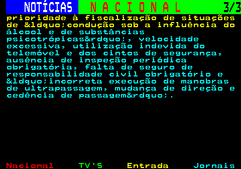 204.3. NOTÍCIAS. N A C I O N A L. 3 3. prioridade à fiscalização de situações de &ldquo;condução sob a influência do. álcool e de substâncias psicotrópicas&rdquo;, velocidade excessiva, utilização indevida do telemóvel e dos cintos de segurança, ausência de inspeção periódica obrigatória, falta de seguro de responsabilidade civil obrigatório e &ldquo;incorreta execução de manobras de ultrapassagem, mudança de direção e cedência de passagem&rdquo;.
