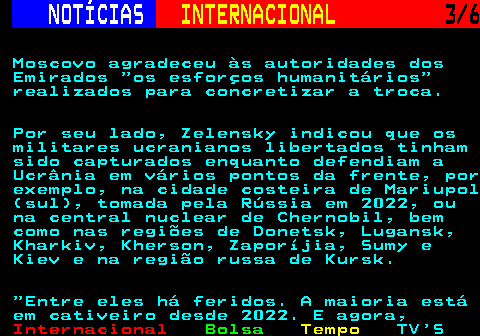 217.3. NOTÍCIAS. INTERNACIONAL. 3 6. Moscovo agradeceu às autoridades dos Emirados os esforços humanitários realizados para concretizar a troca. Por seu lado, Zelensky indicou que os militares ucranianos libertados tinham sido capturados enquanto defendiam a Ucrânia em vários pontos da frente, por exemplo, na cidade costeira de Mariupol (sul), tomada pela Rússia em 2022, ou na central nuclear de Chernobil, bem como nas regiões de Donetsk, Lugansk, Kharkiv, Kherson, Zaporíjia, Sumy e Kiev e na região russa de Kursk. Entre eles há feridos. A maioria está em cativeiro desde 2022. E agora,.