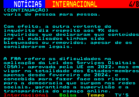 218.4. NOTÍCIAS. INTERNACIONAL. 4 8. (CONTINUAÇÃO) varia de pessoa para pessoa. Com efeito, a outra vertente do inquérito diz respeito aos 9% dos inquiridos que declararam que conteúdos por si publicados tinham sido bloqueados ou removidos, apesar de os considerarem legais. A FRA refere as dificuldades na aplicação da Lei dos Serviços Digitais (DSA), aprovada pela UE em 2022, mas em vigor na totalidade dos Estados-membros apenas desde fevereiro de 2024, e concebida para fazer face aos riscos para a democracia que surgem nas redes sociais, garantindo a supervisão e a transparência do espaço online.