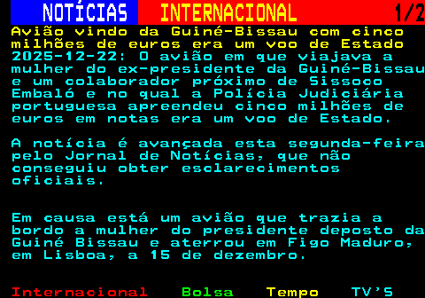 221.1. NOTÍCIAS. INTERNACIONAL. 1 2. Avião vindo da Guiné-Bissau com cinco milhões de euros era um voo de Estado. 2025-12-22: O avião em que viajava a mulher do ex-presidente da Guiné-Bissau e um colaborador próximo de Sissoco Embaló e no qual a Polícia Judiciária portuguesa apreendeu cinco milhões de euros em notas era um voo de Estado. A notícia é avançada esta segunda-feira pelo Jornal de Notícias, que não conseguiu obter esclarecimentos oficiais. Em causa está um avião que trazia a bordo a mulher do presidente deposto da Guiné Bissau e aterrou em Figo Maduro, em Lisboa, a 15 de dezembro.