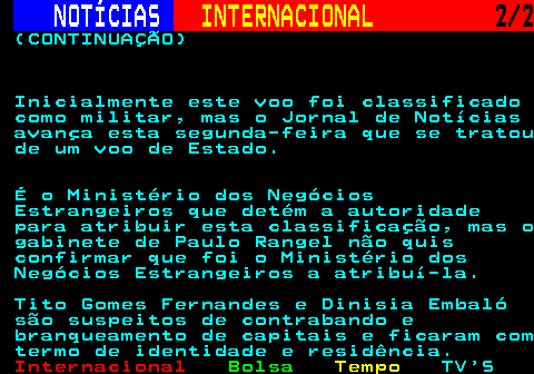 221.2. NOTÍCIAS. INTERNACIONAL. 2 2. (CONTINUAÇÃO) Inicialmente este voo foi classificado como militar, mas o Jornal de Notícias avança esta segunda-feira que se tratou de um voo de Estado. É o Ministério dos Negócios Estrangeiros que detém a autoridade para atribuir esta classificação, mas o gabinete de Paulo Rangel não quis confirmar que foi o Ministério dos Negócios Estrangeiros a atribuí-la. Tito Gomes Fernandes e Dinisia Embaló são suspeitos de contrabando e branqueamento de capitais e ficaram com termo de identidade e residência.