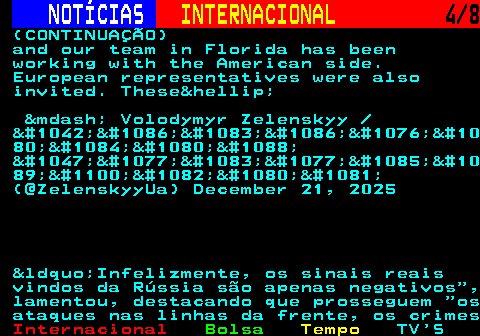 223.4. NOTÍCIAS. INTERNACIONAL. 4 8. (CONTINUAÇÃO) and our team in Florida has been working with the American side. European representatives were also invited. These&hellip; &mdash; Volodymyr Zelenskyy Волод
 80;мир Зелен
 89;ький (@ZelenskyyUa) December 21, 2025 &ldquo;Infelizmente, os sinais reais vindos da Rússia são apenas negativos , lamentou, destacando que prosseguem os ataques nas linhas da frente, os crimes.