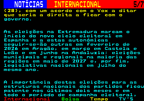 226.5. NOTÍCIAS. INTERNACIONAL. 5 7. (28), com um acordo com o Vox a ditar que seria a direita a ficar com o. governo. As eleições na Extremadura marcam o início do novo ciclo eleitoral em Espanha e a estas autonómicas seguir-se-ão outras em fevereiro de 2026 em Aragão, em março em Castela e Leão e em junho na Andaluzia; eleições municipais e regionais na maioria das regiões em maio de 2027 e, por fim, legislativas nacionais em julho do mesmo ano. A importância destas eleições para as estruturas nacionais dos partidos ficou patente nos últimos dois meses e em todo o período de campanha eleitoral,.